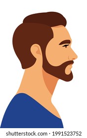 Young handsome man with beard, contemporary hairstyle. Male beauty concept. Realistic adult male portrait, face, side view. Avatar. Modern vector illustration.