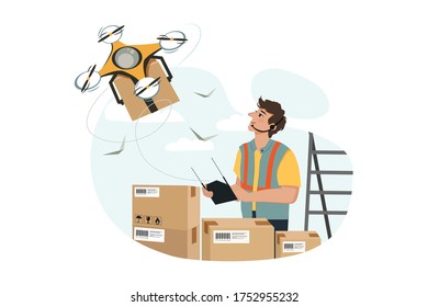 Young handsome man with beard controls drone delivery. Vector Illustration Concept