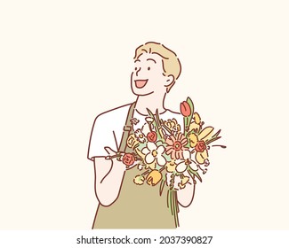 Young handsome man with beautiful flower. Hand drawn style vector design illustrations.