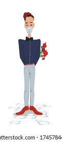 A young handsome man with a bow and a bunch of flowers is waiting for a date. Though he is happy and emotional he didn't forget to put on a face mask. Vector illustration. 