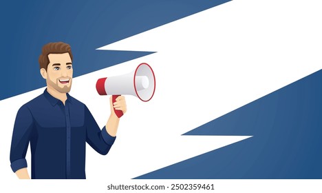 Young handsome man in casual outfit standing with megaphone and shouting. Vector illustration background