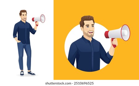 Young handsome man in casual outfit standing full length with megaphone and shouting on yellow background. Vector illustration background