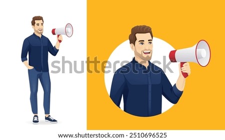 Young handsome man in casual outfit standing full length with megaphone and shouting on yellow background. Vector illustration background