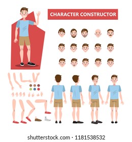 Young handsome man character set for animation with various views, hairstyles, emotions, poses and gestures. Isolated vector illustration