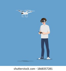 Young handsome man character wear vr glasses controlling a drone multi-copter with camera by wireless remote. The new modern technology device concept.