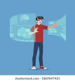 Young handsome man character who wear vr glasses, playing an online game by connect on internet. The new modern technology device concept.