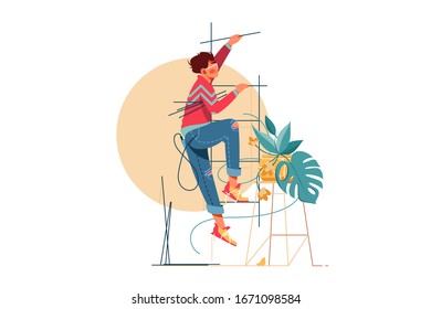 Young handsome man climbs upstairs for repair work. Isolated concept male character with modern style works in service with equipment. Vector illustration.