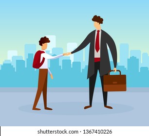 Young Handsome Man in Coat and Tie Holding Bag Shaking Hand of Teenager Schoolboy with Rucksack on Cityscape Background. Meeting of Father and Son. Family Relationship Cartoon Flat Vector Illustration