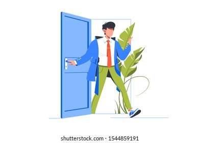 Young handsome man come back home after hard work day. Isolated concept tired businessman character with formal wear open door to office. Vector illustration.