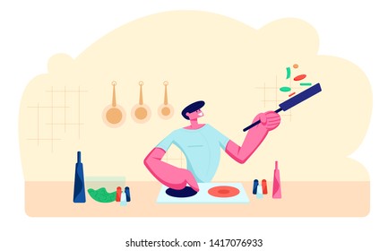 Young Handsome Man Cooking on Kitchen at Home. Happy Male Character Holding Pan with Food, Preparing Delicious and Healthy Meal for Dating or Dinner Weekend Spare Time Cartoon Flat Vector Illustration