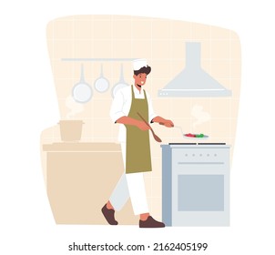 Young Handsome Man Cooking on Kitchen at Home or Restaurant. Happy Male Character in Uniform and Toque Holding Pan with Food, Preparing Delicious and Healthy Meal. Cartoon People Vector Illustration