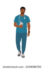 Young handsome man doctor, paramedic walking with digital tablet. Male medic worker in blue uniform scrub with stethoscope. Cartoon vector realistic illustration isolated on white background.