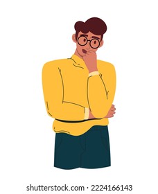 Un joven apuesto en duda. En una camisa amarilla y pantalones verdes. Ilustración vectorial de un blanco aislado plano 
