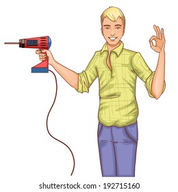 Young handsome man with drill, isolated, eps10