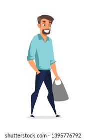 Young handsome man flat vector illustration. Cheerful guy holding package cartoon character. Smiling hipster with fashionable beard. Confident dude with hand in pocket. Male fashion model