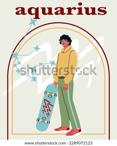 Young handsome man full-height portrait. The guy with black hair, holding skate board. Astrological sign Aquarius. A concept of zodiac sign. 
