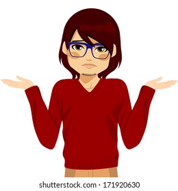 Young handsome man with glasses in doubt making shrug expression