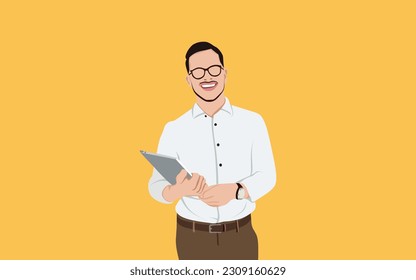 Young handsome man in glasses smiling holding laptop in his hands, isolated yellow background