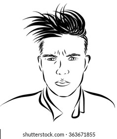 Young handsome man guy with stylish haircut. Black and white vector illustration of a gay man with bushy eyebrows.