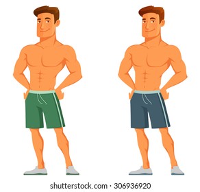 young handsome man in gym outfit. Athletic confident guy, showing off his muscles. Healthy lifestyle and fitness concept. Cartoon character. Isolated on white.