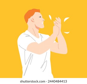 young handsome man with a happy expression clapped his hands. side view. isolated on yellow background. flat vector illustration.