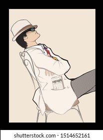 Young handsome man with hat and sunglasses resting on a chair in a garden - vector illustration (Ideal for printing on fabric or paper, poster or wallpaper, house decoration)