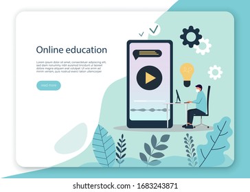 Young handsome man in headphones sitting at a table and working with computer in a home office. Online education concept. Vector illustration