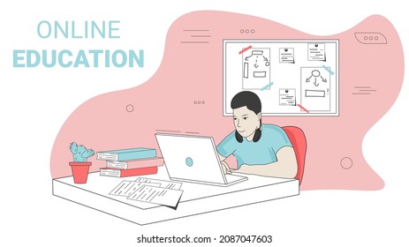 Young handsome man in headphones sitting at a table and working with computer in a home office. Online education concept. Vector illustration