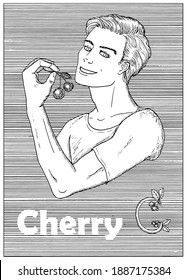 Young handsome man holding cherry berry over striped background. Hand drawn black and white vector illustration, engraved and vertical, healthy eating, vegan and vegetarian concept. 