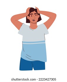 A young handsome man is holding his head in confusion. In a blue and white Tshirt and blue trousers. Vector illustration of a flat isolated white