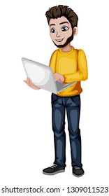 Young Handsome Man  Holding Laptop Computer Cartoon Illustration. Businessman Wearing Yellow T-shirt and Jeans and Working with His Computer Isolated on White Background