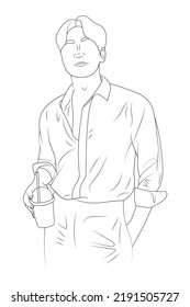 Young handsome man holding plastic cup with drink sketch.