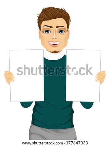 young handsome man holding two blank papers isolated on white background
