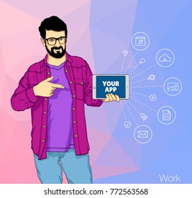 Young handsome man keeping tablet PC and pointing on icons of notification. Vector illustration of cartoon person on abstract background 