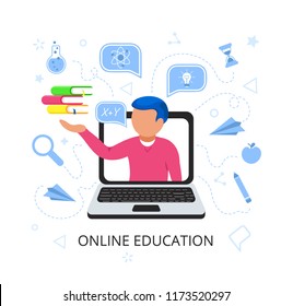 Young handsome man in laptop holds books in his hand with speak bubble. Online education concept. E-learning by webinar training. Home online education at Video blog concept. Online Library. Flat.