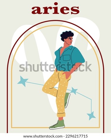 Young handsome man leaning against a wall. Astrological sign Aries. A concept of zodiac sign. 
