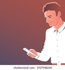 Young handsome man looks into a smartphone. Happy smile on your face. Vector cartoon illustration.