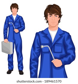 Young handsome man mechanic worker standing in blue overall with spanner and tool kit case vector illustration