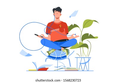 Young handsome man meditating using smartphone for yoga training. Isolated concept relax person character do sport using modern device technology. Vector illustration.