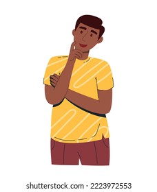 A young handsome man ponders the question and holds his chin. In a yellow Tshirt and brown trousers. Vector illustration of a flat isolated white background