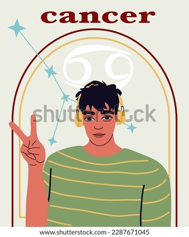 Young handsome man portrait. Cheerful guy with black hair, showing fingers gesture, representing victory and peace symbol. Astrological sign Cancer. A concept of zodiac sign.