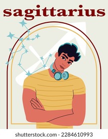 Joven y apuesto retrato de hombre. El tipo con auriculares, cruzó los brazos. Signo astrológico Sagittarius. Un concepto de signo zodiaco. 
