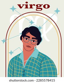 Joven y apuesto retrato de hombre. El tipo con pelo negro, camisa azul. Signo astrológico Virgo. Un concepto de signo zodiaco. 
