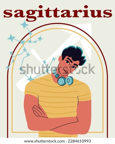 Young handsome man portrait. The guy with headphones, crossed arms. Astrological sign Sagittarius. A concept of zodiac sign. 
