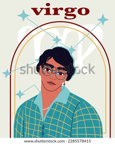 Young handsome man portrait. The guy with black hair, blue shirt. Astrological sign Virgo. A concept of zodiac sign. 
