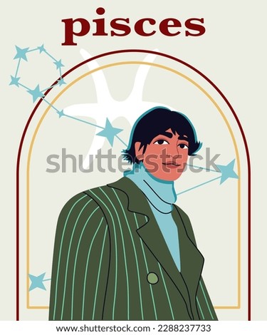 Young handsome man portrait. The guy with black hair, green striped coat. Astrological sign Pisces. A concept of zodiac sign. 
