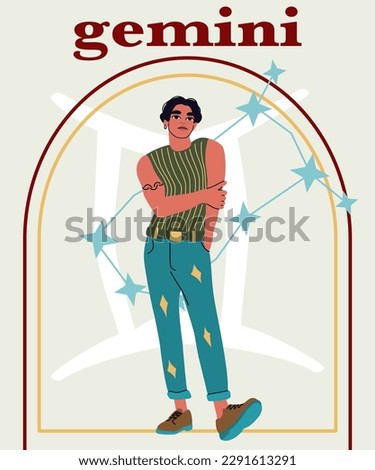 Young handsome man portrait. The guy with black hair, posing full-height. Astrological sign Gemini. A concept of zodiac sign. 
