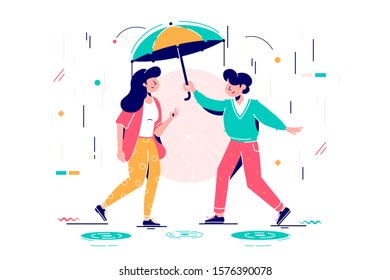 Young handsome man protects attractive woman from rain. Isolated concept boyfriend and girlfriend character under umbrella. Happy couple on date. Vector illustration.