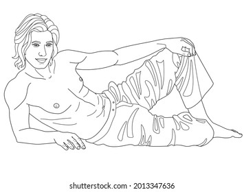 Young Handsome Man In A Reclining Pose On The Side. Muscular guy lying on his side with his leg bent - vector linear illustration for coloring. Outline. Element for coloring book
