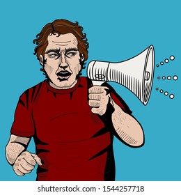 Young handsome man in a red t shirt shouting something in a megaphone, vector illustration in comic style